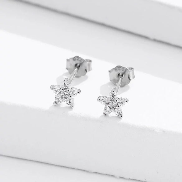 Women's Sterling Silver Star Earrings With Zircon Inlay And Electroplated Fivepoint Star Design