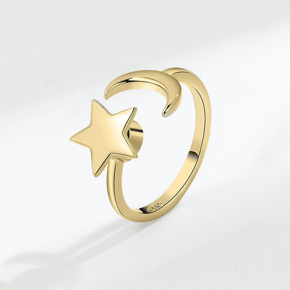 Women's 925 Sterling Silver Star Rotating Adjustable Open Ring With Electroplated Light Luxury Style