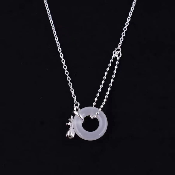 Women's Sterling Silver Tulip Peace Buckle Necklace With White Chalcedony Pendant Elegant Floral Geometric Inlaid Design