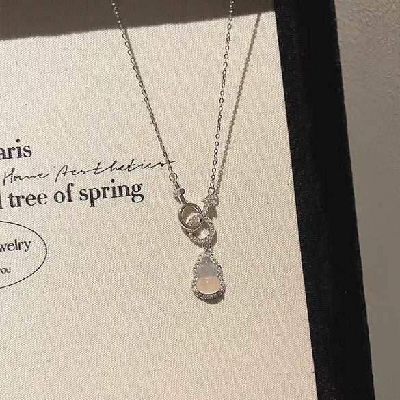 Women's 925 Sterling Silver White Chalcedony Inlaid Gourd Pendant Necklace Geometric Floral Clavicle Chain Light Luxury Fashion Jewelry
