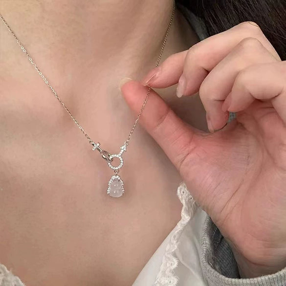 Women's 925 Sterling Silver White Chalcedony Inlaid Gourd Pendant Necklace Geometric Floral Clavicle Chain Light Luxury Fashion Jewelry