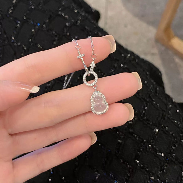 Women's 925 Sterling Silver White Chalcedony Inlaid Gourd Pendant Necklace Geometric Floral Clavicle Chain Light Luxury Fashion Jewelry