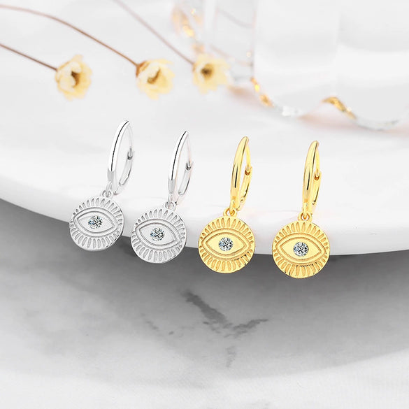 Women's Sterling Silver Zircon Eye Motif Earrings With Geometric Facial Expression Design