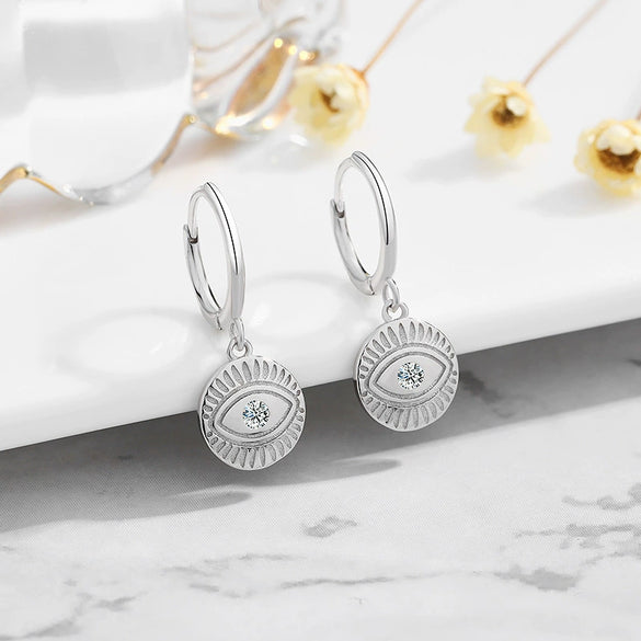 Women's Sterling Silver Zircon Eye Motif Earrings With Geometric Facial Expression Design