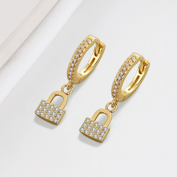 Women's 925 Sterling Silver Zircon Lock Earrings Geometric Electroplated Statement Fashion Jewelry