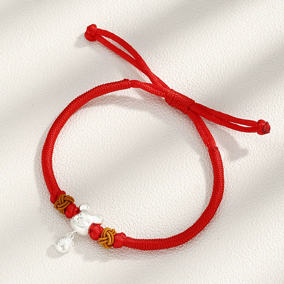 Women's 925 Sterling Silver Zodiac Rat Bracelet With Woven Red Rope Electroplated Animal Charm Birthday Memorial Jewelry