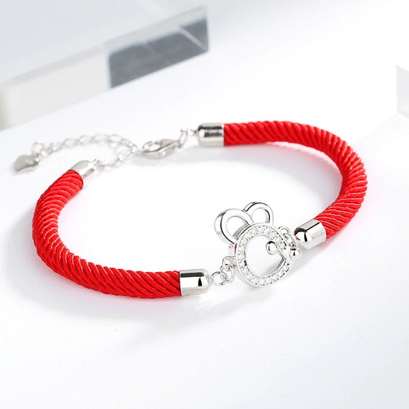 Women's 925 Sterling Silver Zodiac Rat Red Rope Bracelet Electroplated Animal Charm Fashion Hand Jewelry