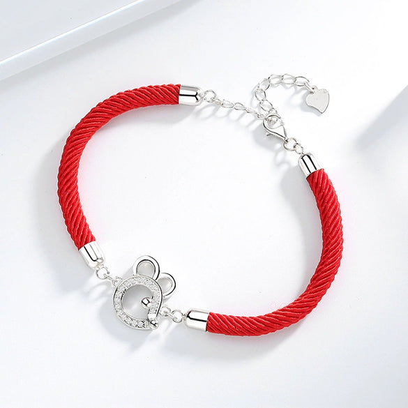 Women's 925 Sterling Silver Zodiac Rat Red Rope Bracelet Electroplated Animal Charm Fashion Hand Jewelry