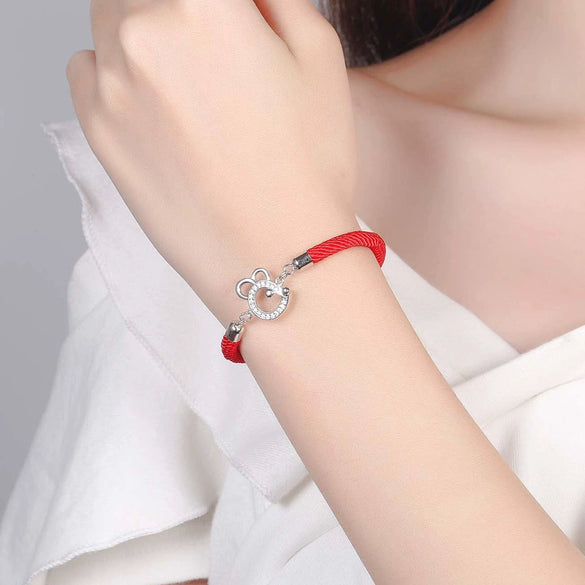 Women's 925 Sterling Silver Zodiac Rat Red Rope Bracelet Electroplated Animal Charm Fashion Hand Jewelry