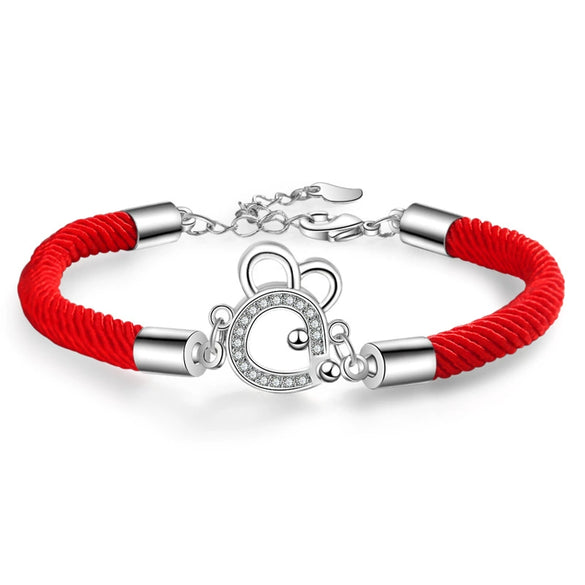 Women's 925 Sterling Silver Zodiac Rat Red Rope Bracelet Electroplated Animal Charm Fashion Hand Jewelry