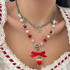 Women's Strawberry Bow Pendant Necklace With Iron Chain Imitation Pearls Alloy Acrylic Glass Beads Dripping Oil Style