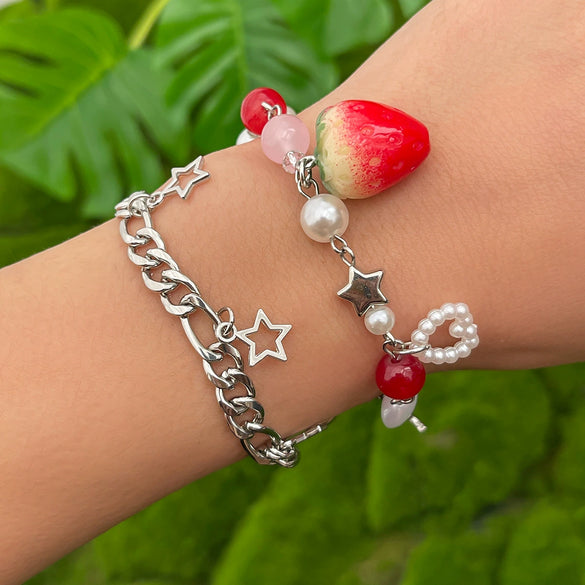 Women's Strawberry Bow Pendant Necklace With Iron Chain Imitation Pearls Alloy Acrylic Glass Beads Dripping Oil Style
