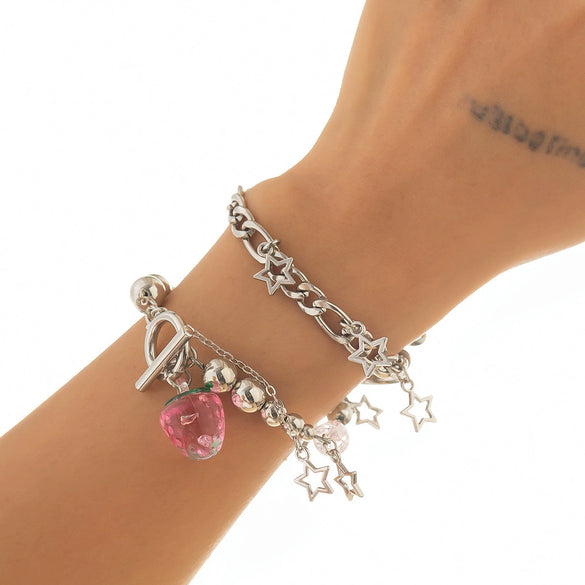 Women's Strawberry Bow Pendant Necklace With Iron Chain Imitation Pearls Alloy Acrylic Glass Beads Dripping Oil Style