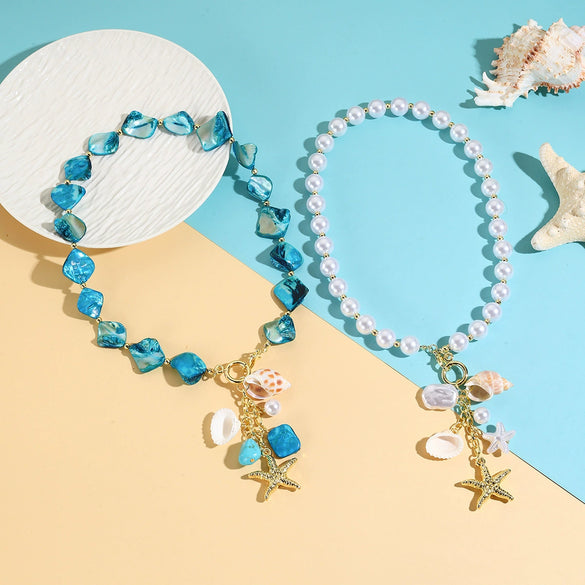 Women's Summer Alloy Geometric Irregular Blue Shell Clavicle Chain Necklace Electroplated Jewelry