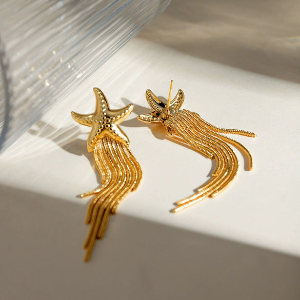 Women's Summer Fashion Stainless Steel Starfish Tassel Earrings Jewelry Electroplated Geometric Style