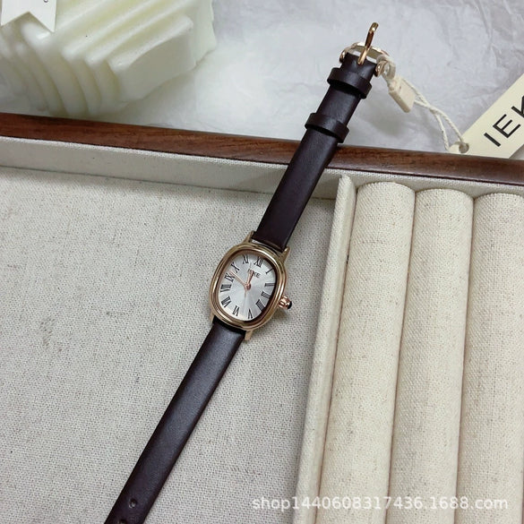 Women's Summer French Retro Alloy Case Ordinary Glass Mirror Oval Thin Band Compact Roman Golden Watch