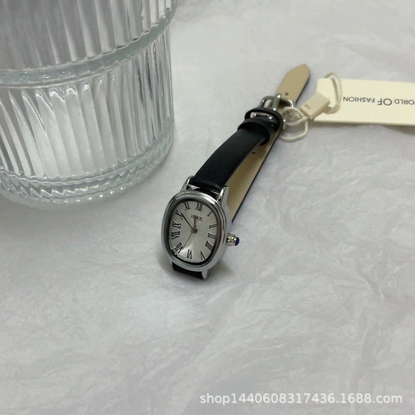 Women's Summer French Retro Alloy Case Ordinary Glass Mirror Oval Thin Band Compact Roman Golden Watch