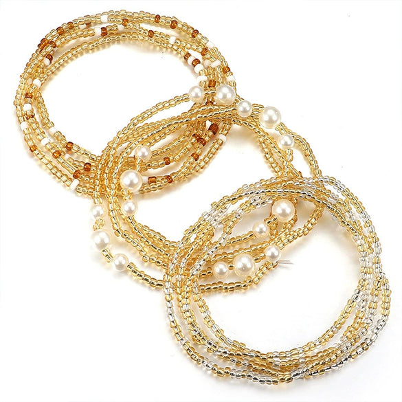 Women's Summer Stretch Beaded Body Chain Plastic Rice Bead Anklet Bracelet Waist Chain Multi Layer Fashion Accessory