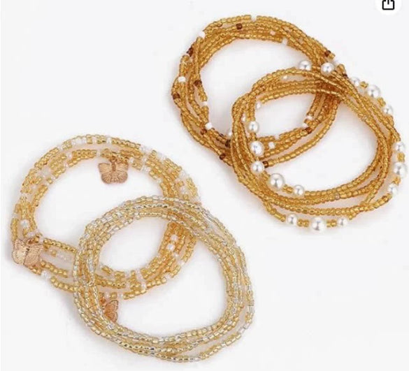 Women's Summer Stretch Beaded Body Chain Plastic Rice Bead Anklet Bracelet Waist Chain Multi Layer Fashion Accessory