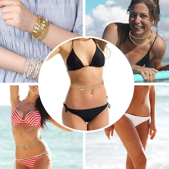 Women's Summer Stretch Beaded Body Chain Plastic Rice Bead Anklet Bracelet Waist Chain Multi Layer Fashion Accessory