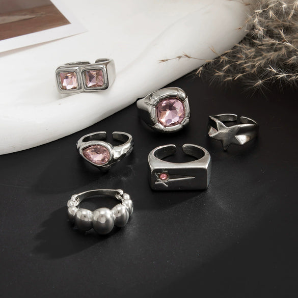 Women's Sweet And Cool Alloy Star Geometric Ring With Pink Gemstone Accents Wide Stackable Plated Fashion Jewelry