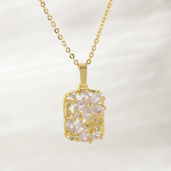 Women's Sweet Copper Flower Geometric Square Pendant Necklace With O Word Chain And Electroplating