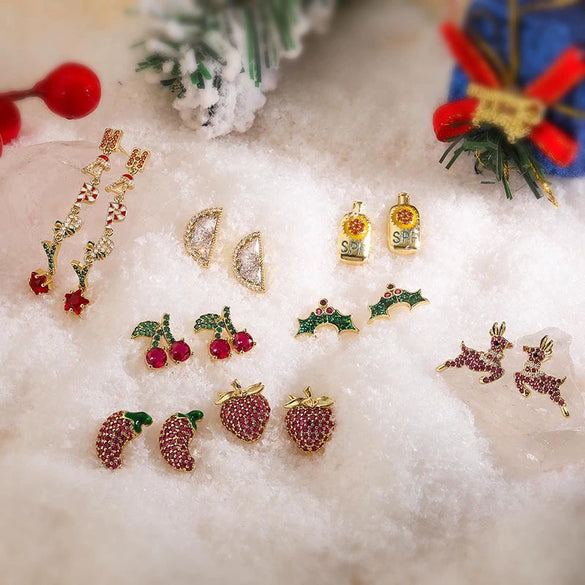 Women's Sweet Copper Strawberry Banana Pineapple And Elk Earrings With Zirconia Accents And Geometric Festive Design