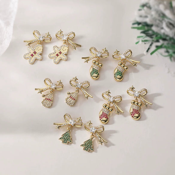 Women's Sweet Copper Zircon Inlay Christmas Earrings With Tree Snowman Gift Stocking And Snow Hat Designs