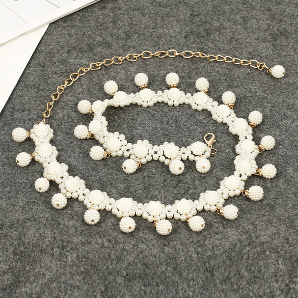 Women's Sweet Flower Shape Pearl Chain Belt Handmade Beaded Metal Dress Waist Chain