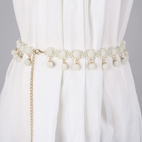 Women's Sweet Flower Shape Pearl Chain Belt Handmade Beaded Metal Dress Waist Chain