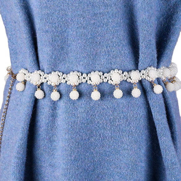 Women's Sweet Flower Shape Pearl Chain Belt Handmade Beaded Metal Dress Waist Chain