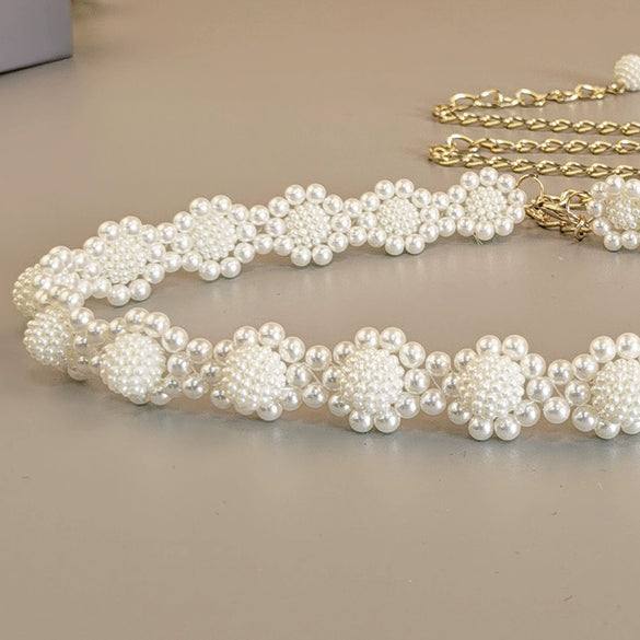 Women's Sweet Flower Shape Pearl Chain Belt Handmade Beaded Metal Dress Waist Chain