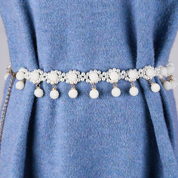 Women's Sweet Flower Shape Pearl Chain Belt Handmade Beaded Metal Dress Waist Chain