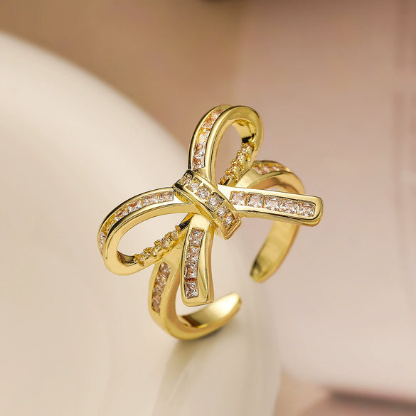 Women's Sweet Geometric Copper 18K Gold Plated Zircon Bow Open Micropaved Ring