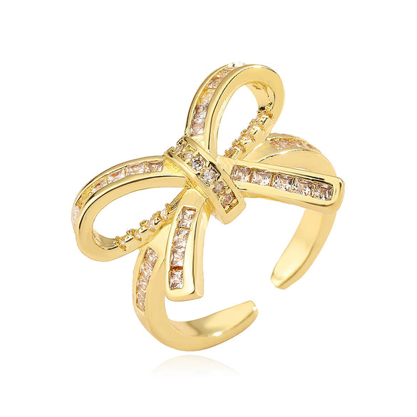 Women's Sweet Geometric Copper 18K Gold Plated Zircon Bow Open Micropaved Ring