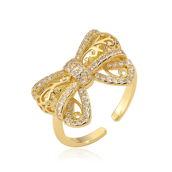 Women's Sweet Geometric Copper 18K Gold Plated Zircon Bow Open Micropaved Ring