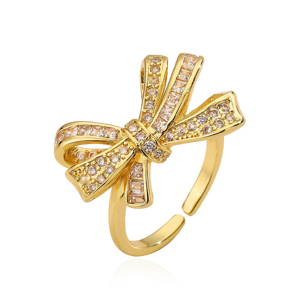 Women's Sweet Geometric Copper 18K Gold Plated Zircon Bow Open Micropaved Ring