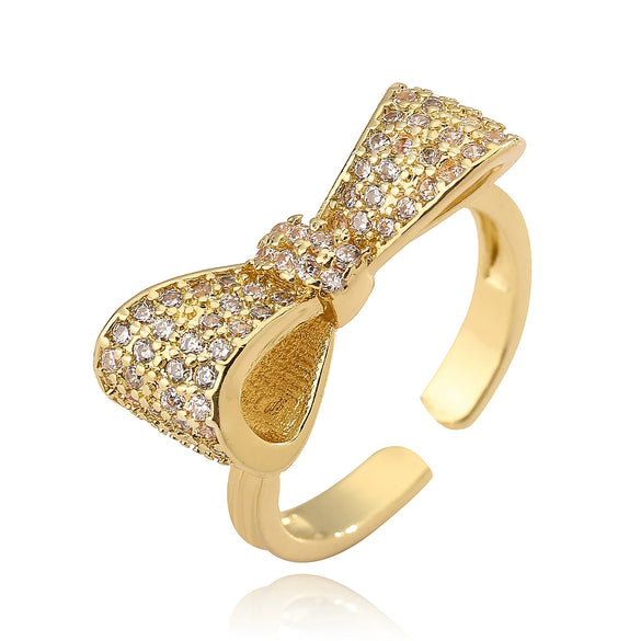 Women's Sweet Geometric Copper 18K Gold Plated Zircon Bow Open Micropaved Ring