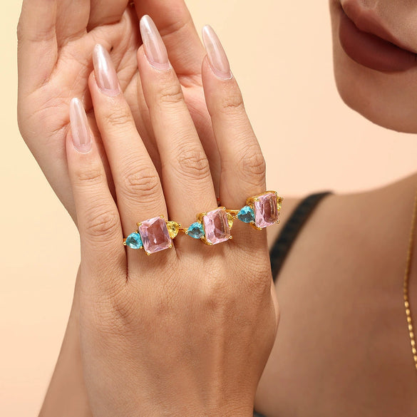 Women's Sweet Geometric Pink Aquamarine Zircon Opening Adjustment 316L Stainless Steel Pvd Plated Ring