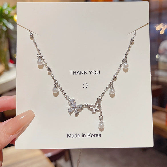 Women's Sweet Geometric Titanium Steel Pearl Set Necklace With Zircon Pendant And Cross Chain