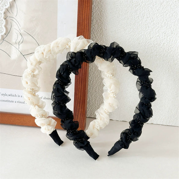Women's Sweet Handmade Mixed Materials Mesh Pleated Beads Hair Hoop Headband