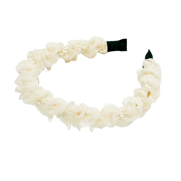 Women's Sweet Handmade Mixed Materials Mesh Pleated Beads Hair Hoop Headband