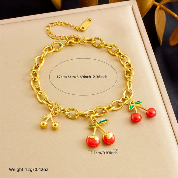 Women's Sweet Mori Cherry Love Lock Pendant Allmatch Highend Stainless Steel Goldplated Fruitshaped Bracelet For Summer