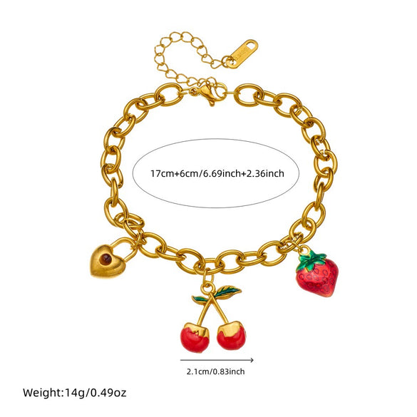 Women's Sweet Mori Cherry Love Lock Pendant Allmatch Highend Stainless Steel Goldplated Fruitshaped Bracelet For Summer
