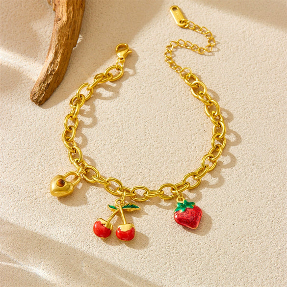 Women's Sweet Mori Cherry Love Lock Pendant Allmatch Highend Stainless Steel Goldplated Fruitshaped Bracelet For Summer