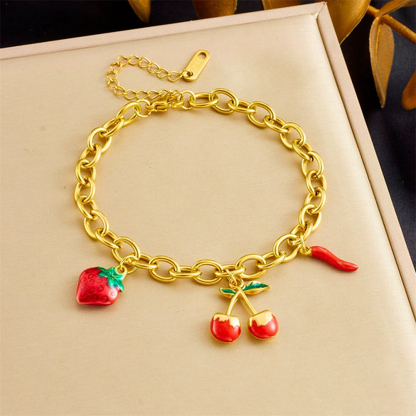 Women's Sweet Mori Cherry Love Lock Pendant Allmatch Highend Stainless Steel Goldplated Fruitshaped Bracelet For Summer