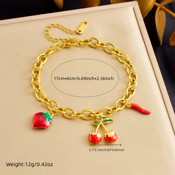 Women's Sweet Mori Cherry Love Lock Pendant Allmatch Highend Stainless Steel Goldplated Fruitshaped Bracelet For Summer