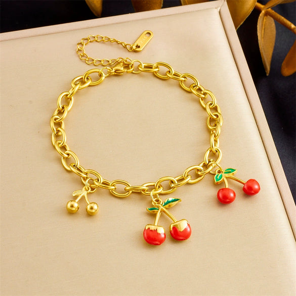 Women's Sweet Mori Cherry Love Lock Pendant Allmatch Highend Stainless Steel Goldplated Fruitshaped Bracelet For Summer