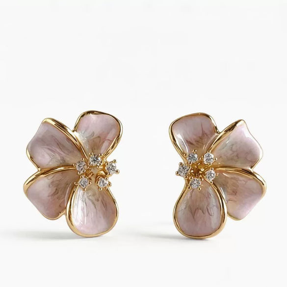 Women's Sweet Pink Enamel Flower Earrings With Alloy Body Steel Needle Posts And Drip Oil Finish