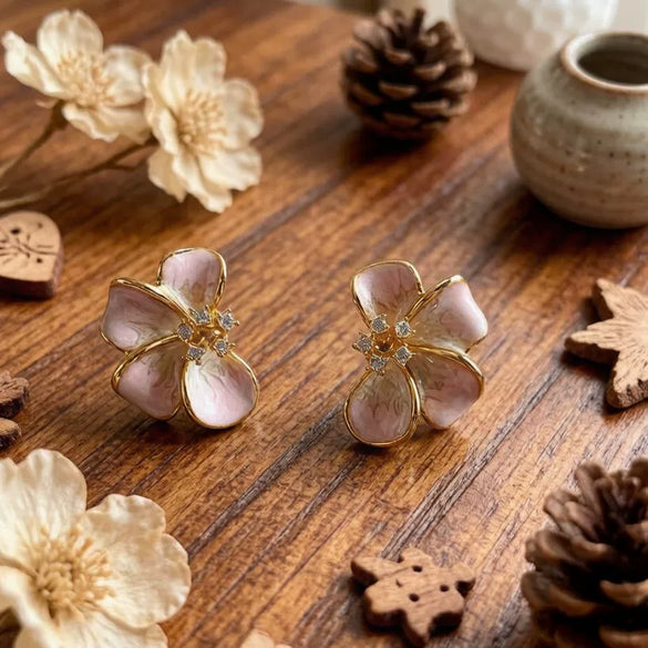 Women's Sweet Pink Enamel Flower Earrings With Alloy Body Steel Needle Posts And Drip Oil Finish